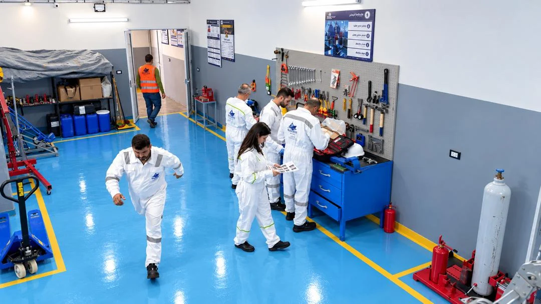 Service team working inside the workshop